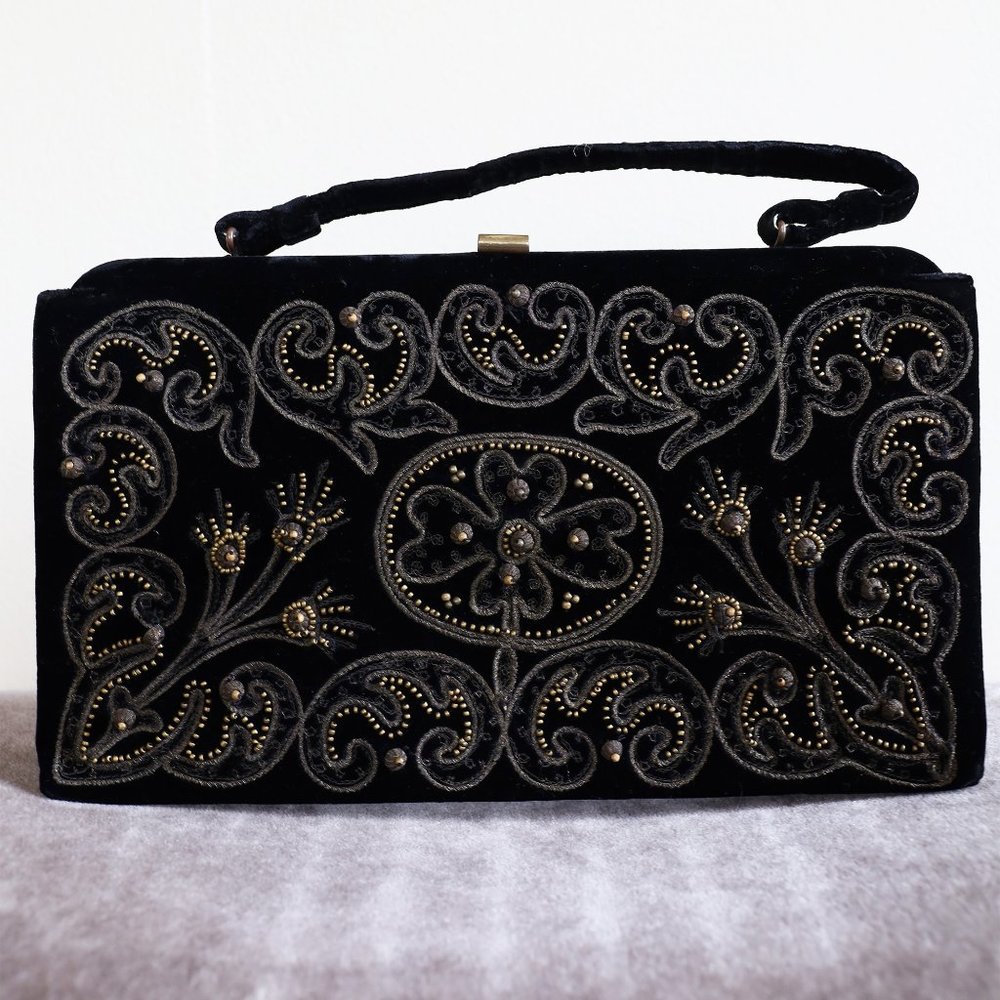 Vintage Black Velvet Embroidered Evening Clutch